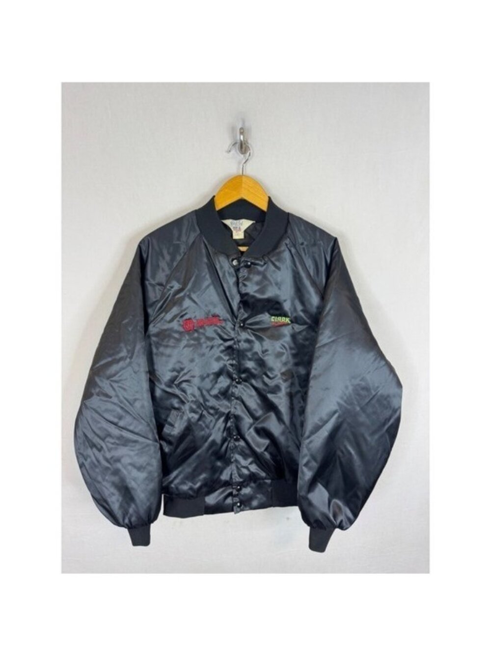 Vintage WestArk USA Black Satin Bomber Jacket Williams Machinery Clark XL